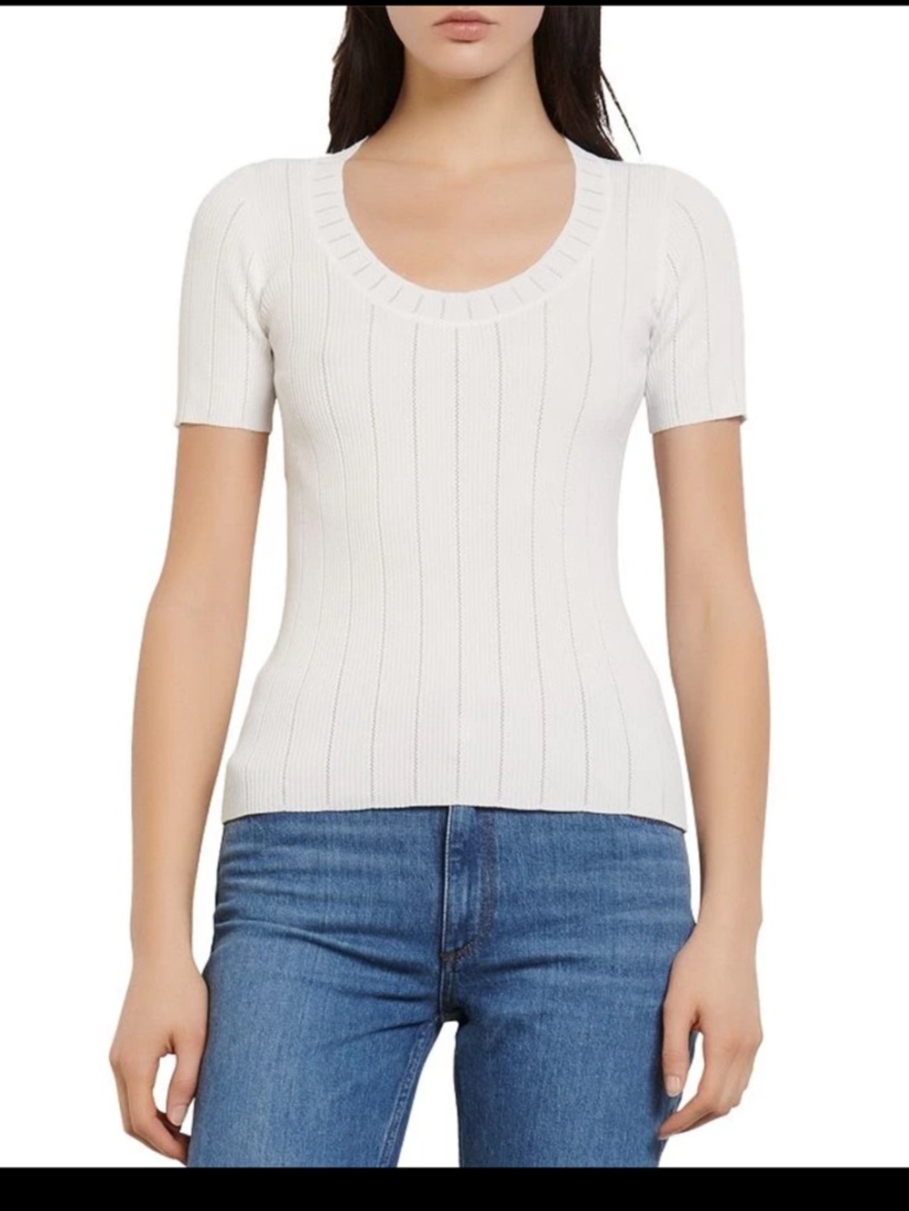 Sandro Paris Jaina White Ribbed Scoop-Neck Short Sleeve Tee